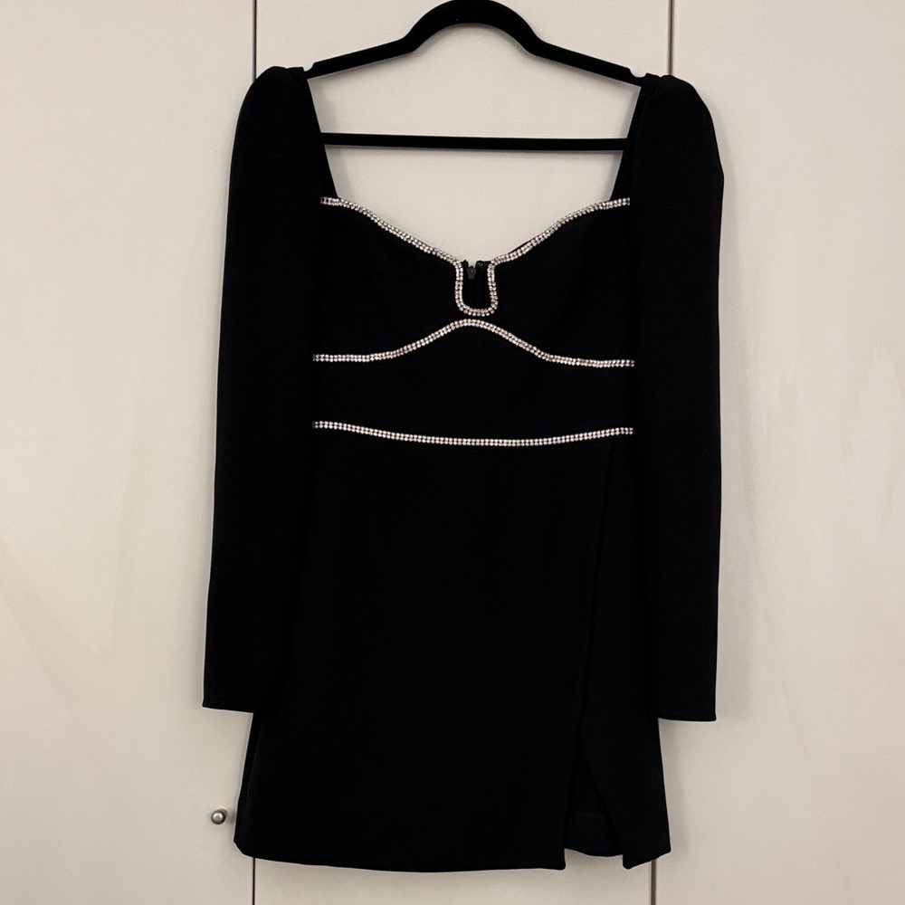 Self-Portrait Black Long-Sleeve Mini Dress with Rhinestone Trim